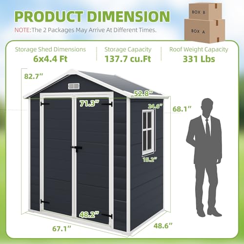 Outdoor Storage Shed 6x4.4FT, Resin with Floor, Lockable Doors for Garden Tools E30130