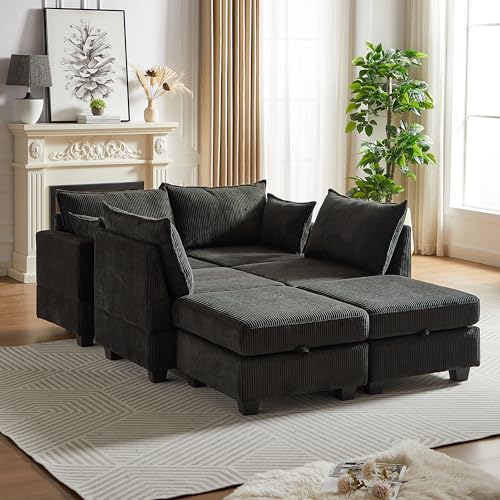 U-Shaped Oversized Modular Sectional Sofa with Corduroy Upholstery and 2 Pillows I415