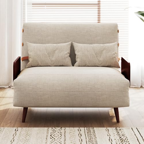 Convertible Chair Bed Sleeper for Adults, Linen with Wooden Arms & Pillows, Foldable Single Futon Sofa Bed Q683821