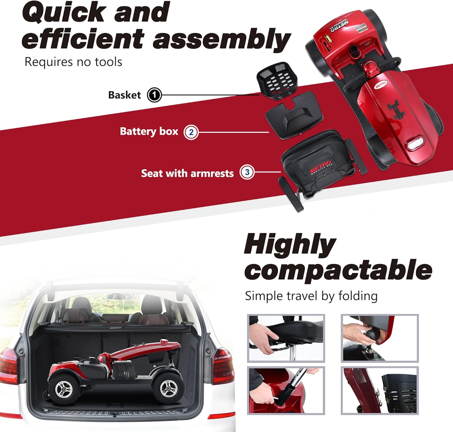 4 Wheel Folding Mobility Scooter for Seniors, 300lbs Capacity, Long Range Battery, Red K6853