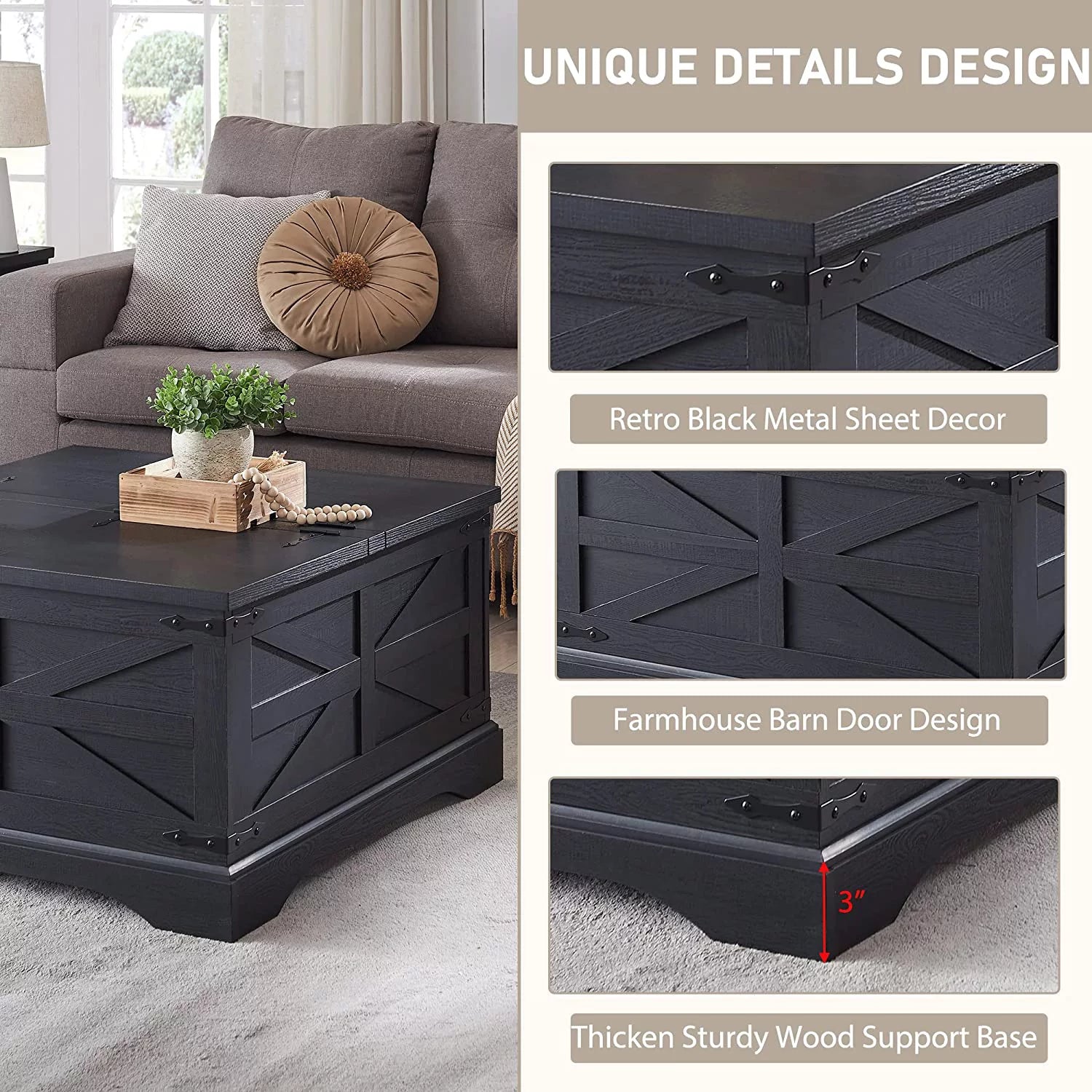 Farmhouse Coffee Table with Hidden Storage Compartment T2796