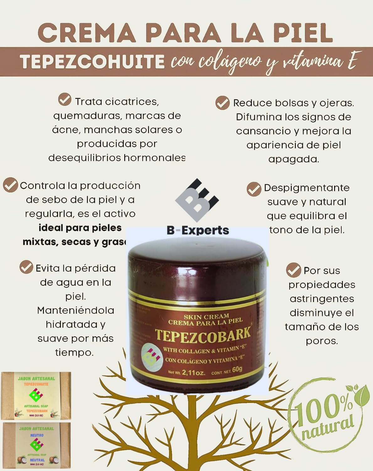 TEPEZCOHUITE cream 2 oz (60g) Vitamin E & Collagen + 2 Artisanal soaps TEPEZCOHUITE 100g (3.52 oz) each