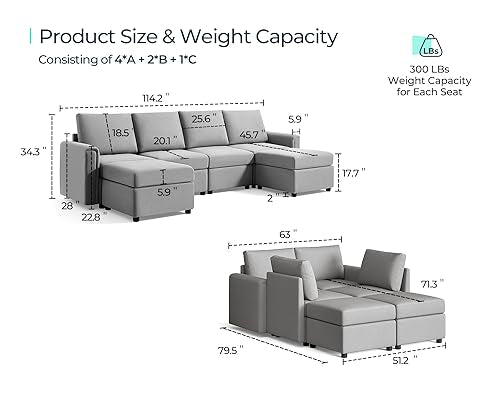 Modular Sectional Sofa with Storage, U Shaped Couch, Blue Y4358