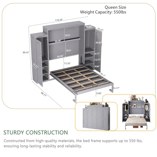 Murphy Bed with Two Wardrobes and Storage Shelf for Small Bedrooms A623