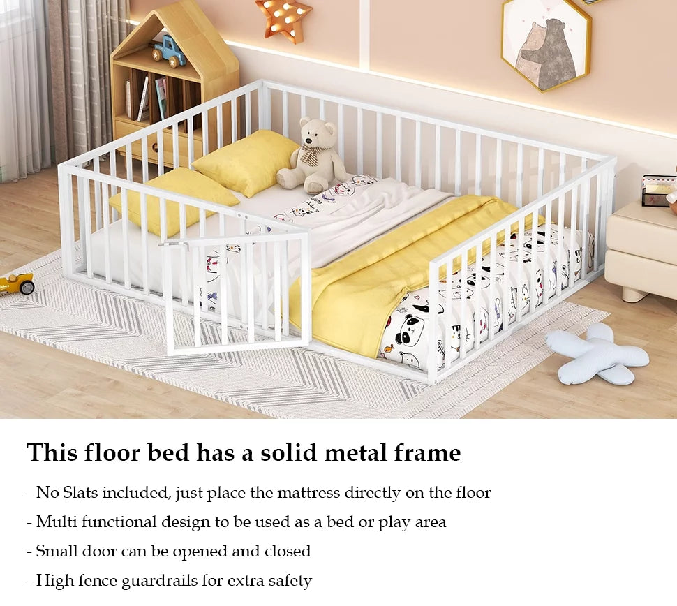 Queen Floor Bed with Fence Rails and Lockable Door for Kids, White T678