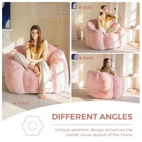 Floral Shaped Bean Bag Sofa for Adults, Faux Fur Floor Chair, Beige U8616