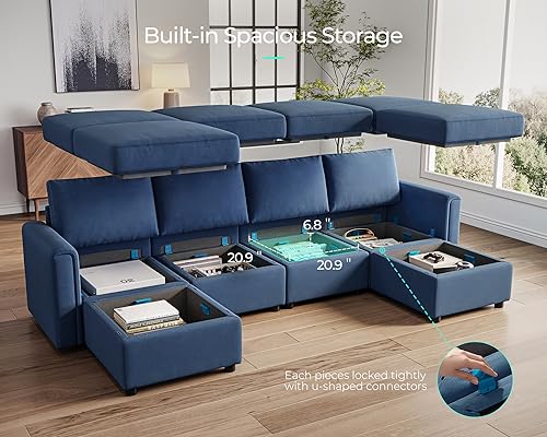 Modular Sectional Sofa with Storage, U Shaped Couch, Blue Y4358