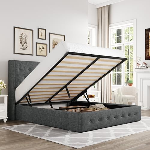 Full Size Lift Up Storage Bed with Wingback Headboard, Hydraulic Support, Light Beige P736605