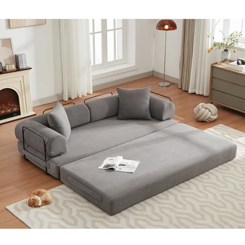 Corduroy Convertible Sleeper Sofa Bed with Pillow, Beige O72530