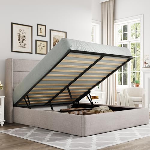 Full Size Lift Up Storage Bed with Wingback Headboard, Hydraulic Support, Light Beige P736605