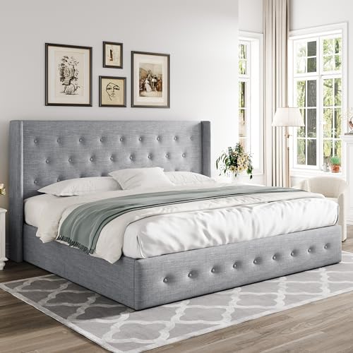 Full Size Lift Up Storage Bed with Wingback Headboard, Hydraulic Support, Light Beige P736605