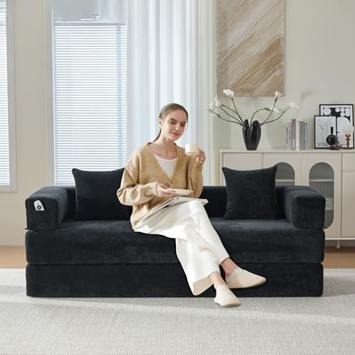 Corduroy Convertible Sleeper Sofa Bed with Pillow, Beige O72530