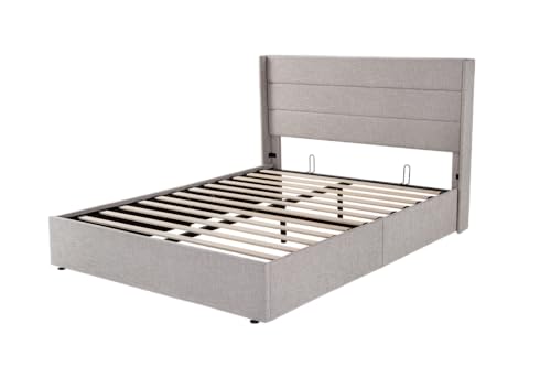 Full Size Lift Up Storage Bed with Wingback Headboard, Hydraulic Support, Light Beige P736605