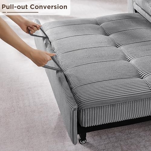 3 in 1 Convertible Sleeper Sofa Bed, Corduroy Pull Out Futon Couch with Charging Station & Cup Holder, Folding Loveseat Sofa Bed with Side Pocket, Light Grey W412