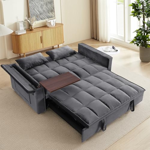 Convertible Sofa Bed, 3 in 1 Velvet Sleeper with Adjustable Backrest, Gray K13376