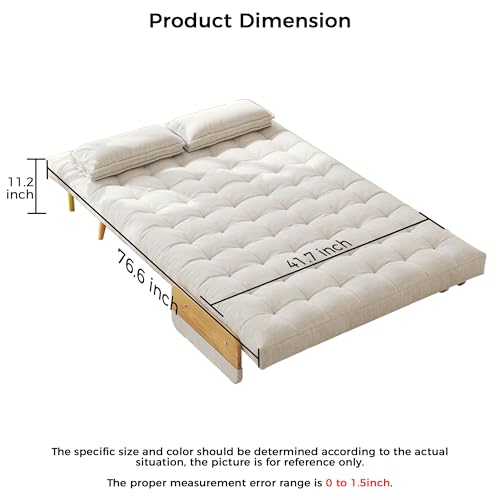 Convertible Chair Bed Sleeper for Adults, Linen with Wooden Arms & Pillows, Foldable Single Futon Sofa Bed Q683821