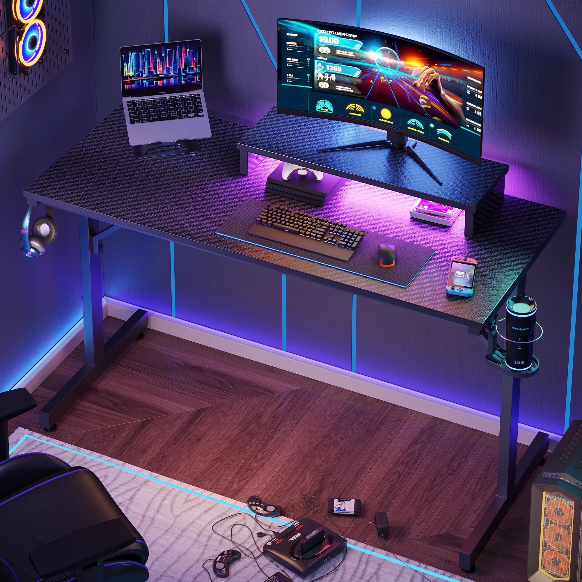 Gaming Desk with LED Lights and Monitor Stand V338893