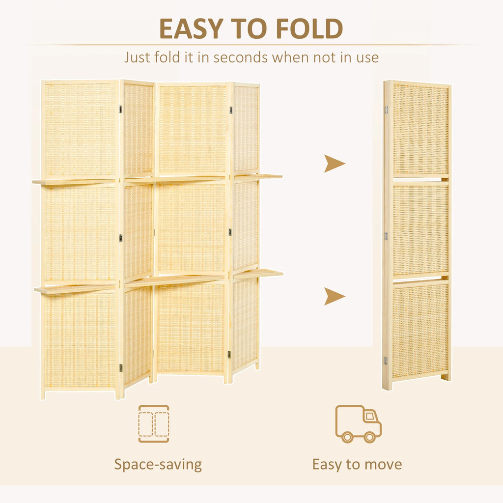 4-Panel Folding Room Divider, 6 Ft Freestanding Bamboo Privacy Screen with Storage Shelves I21393