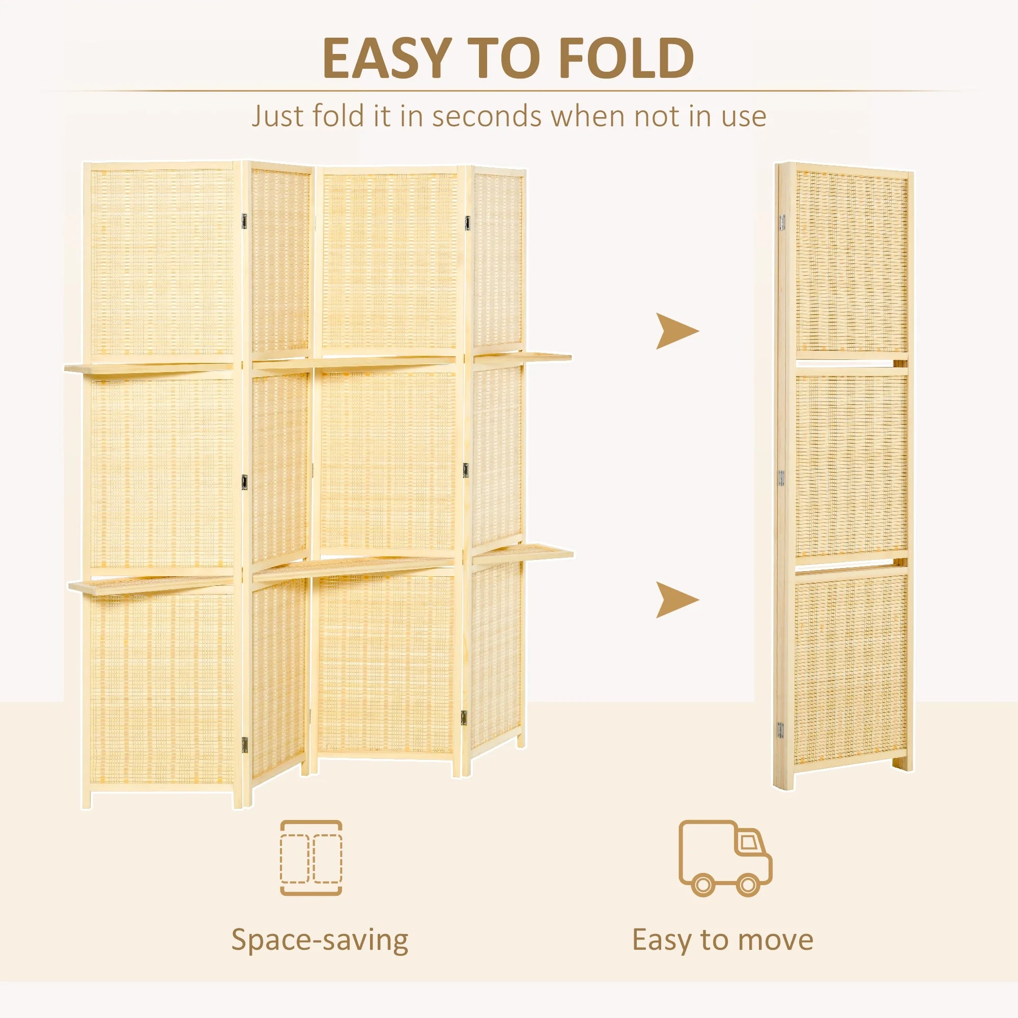 4-Panel Folding Room Divider, 6 Ft Freestanding Bamboo Privacy Screen with Storage Shelves I21393