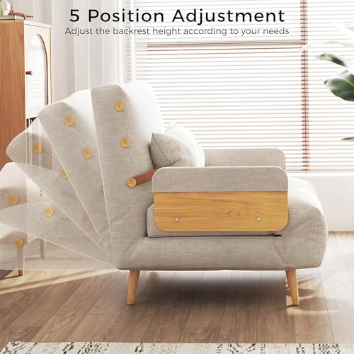 Convertible Chair Bed Sleeper for Adults, Linen with Wooden Arms & Pillows, Foldable Single Futon Sofa Bed Q683821