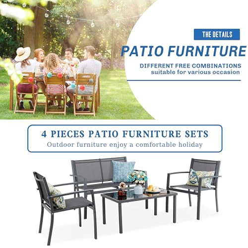 Patio Furniture Set with Glass Coffee Table, 4 Pieces, Black Q940