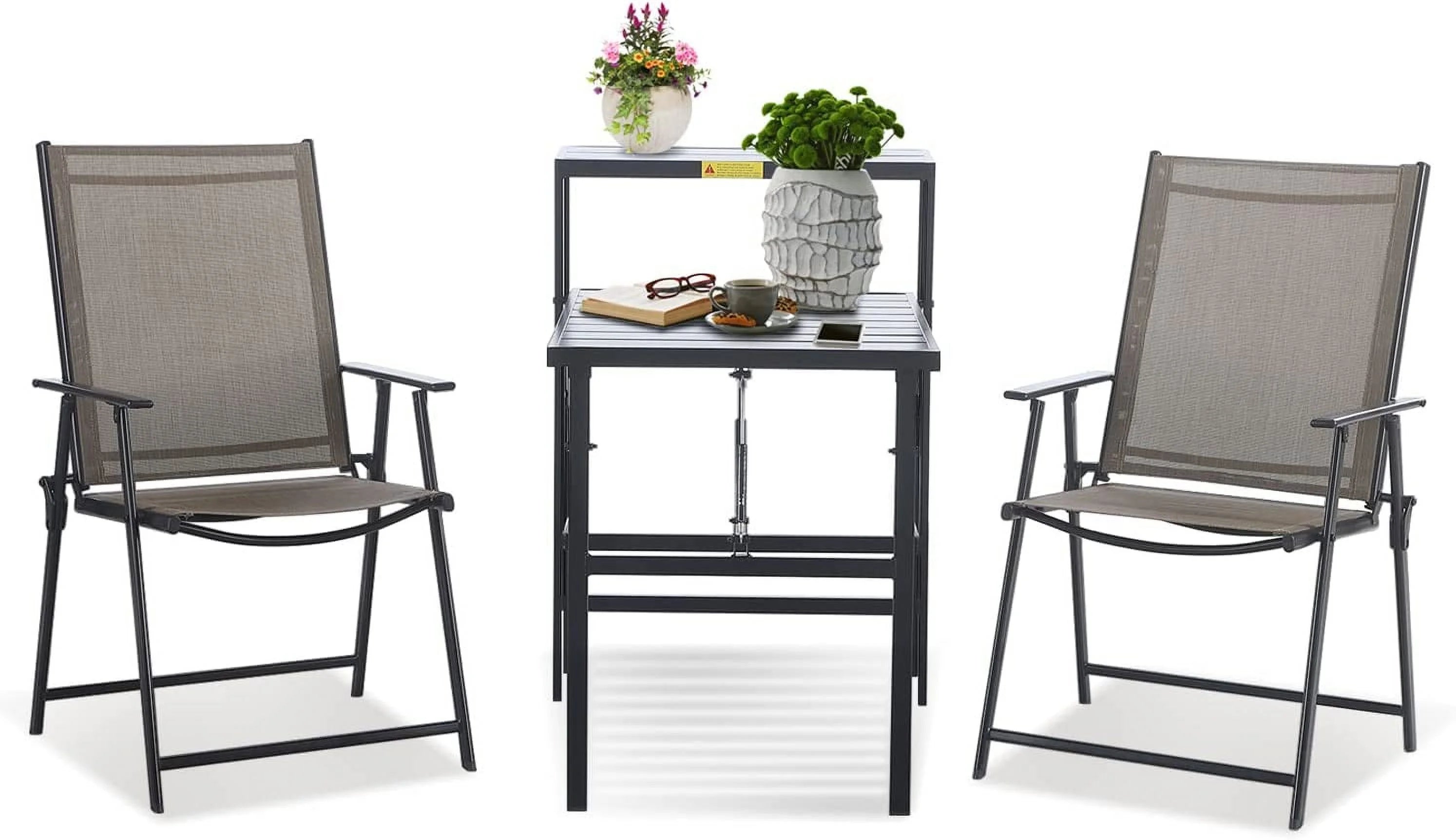 Popular Patio Bistro Set 3 Piece Outdoor Folding Furniture Conversation Sets Foldable Coffee Table Chairs  2-Tier Dining Table Set Space-Saving for Porch Balcony Yard Garden Lawn Pool Sid