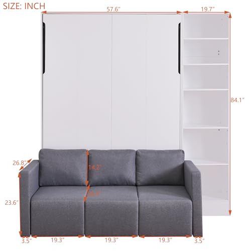 Murphy Bed Queen Size with Cushion, Foldable Sofa Bed Frame with Slat Support, White C2974