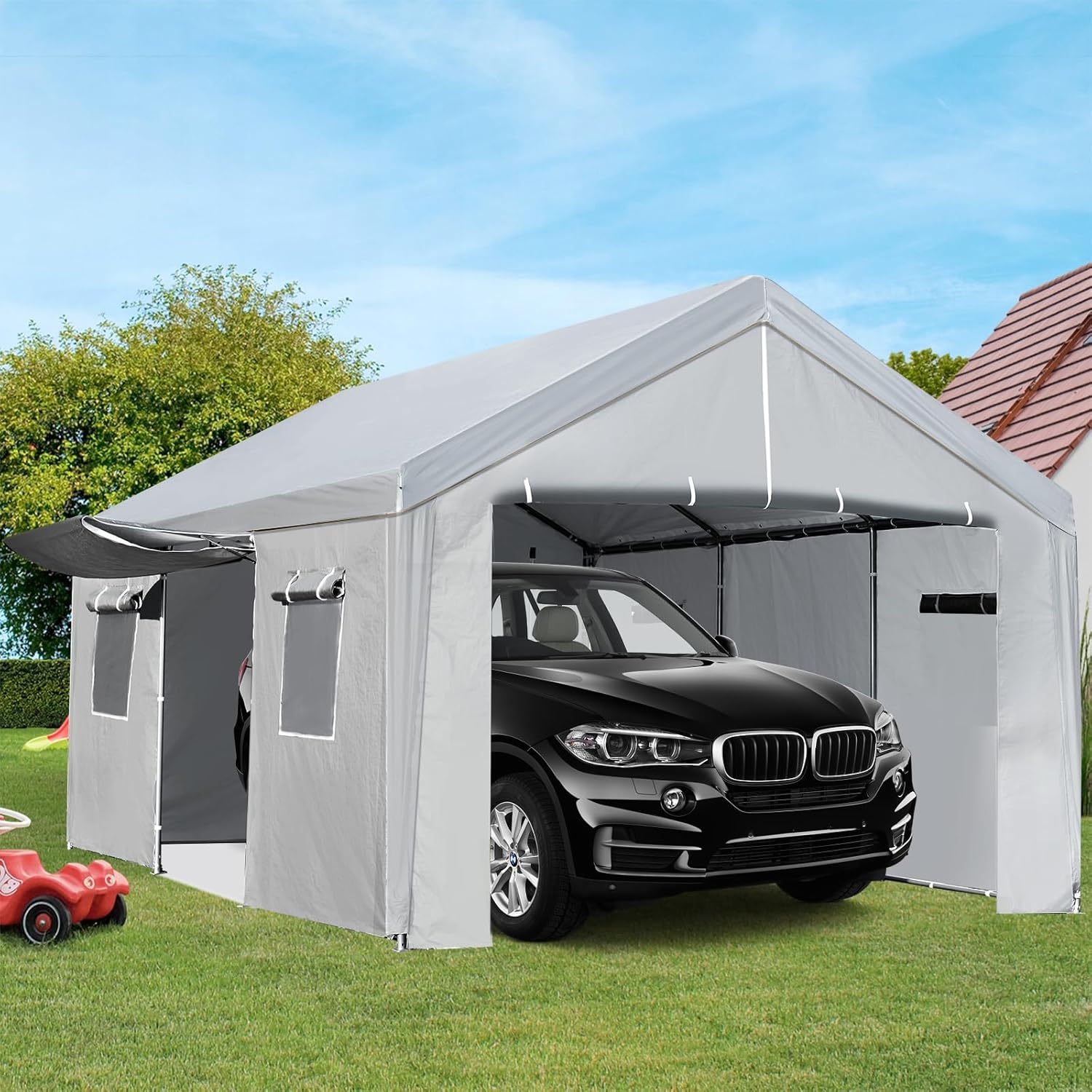 Carport 10×20 FT Portable Garage with Roll-up Doors, Galvanized Steel Frame, Grey R168