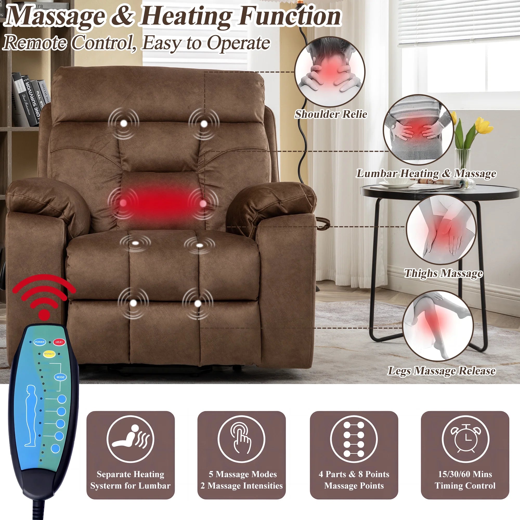 Electric Lift Recliner Chair with Heat and Massage, 3 Position, Dark Brown X83938