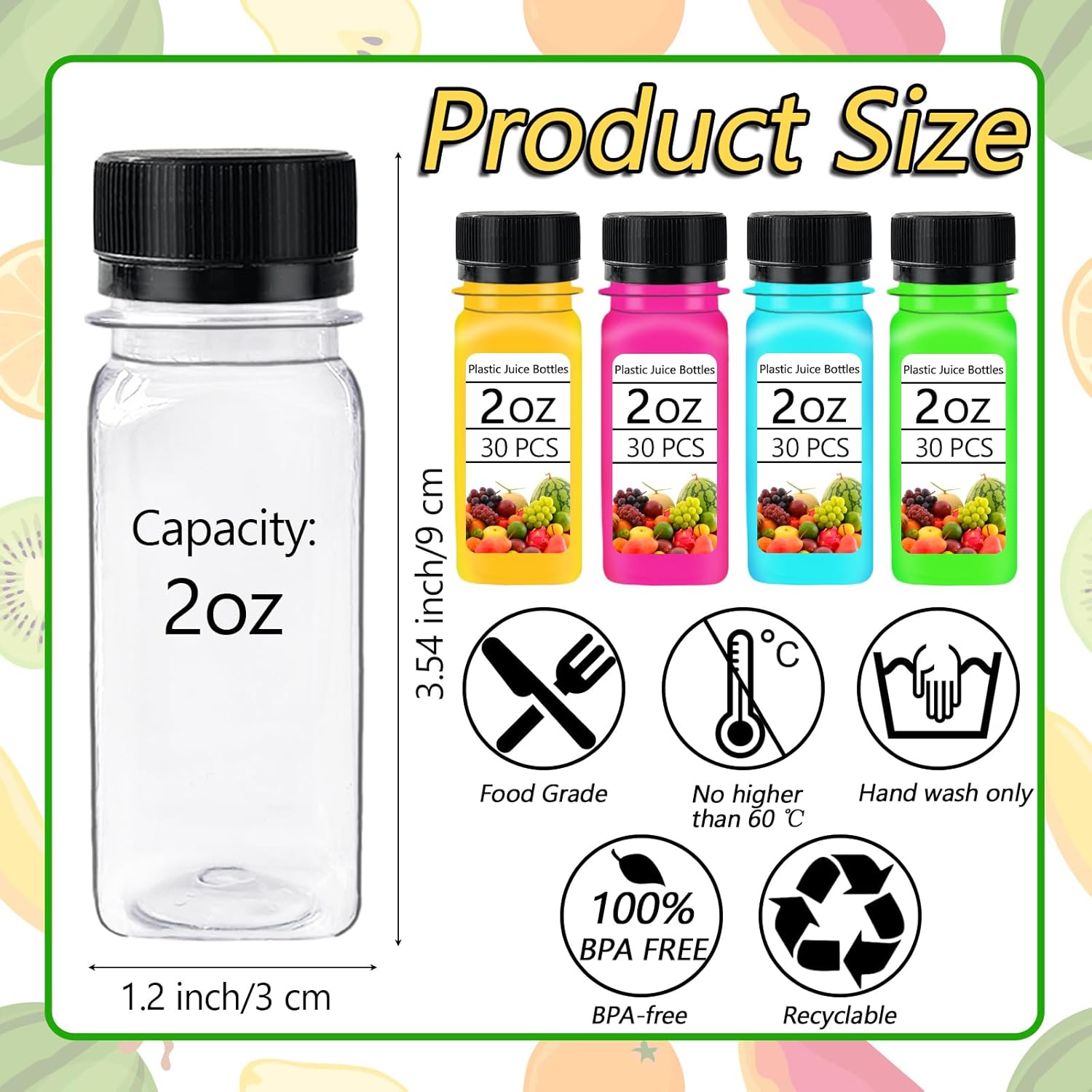 30 Small Plastic Shot Bottles with Caps and 10 Funnels D255429