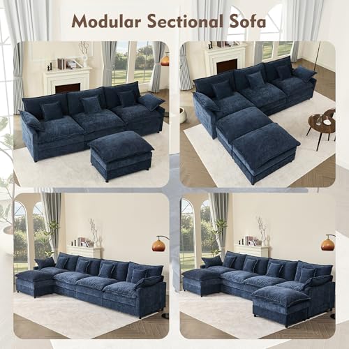 U Shaped Modular Sectional Sofa with Ottoman, Chenille, Black Z16537