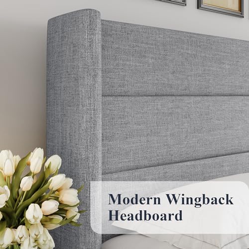 Full Size Lift Up Storage Bed with Wingback Headboard, Hydraulic Support, Light Beige P736605
