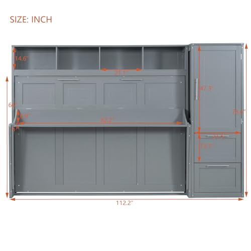 Queen Size Murphy Bed Wall Bed with Closet and Drawers, Foldable Platform Bed K658611