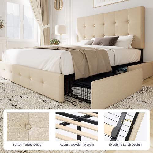 Upholstered Queen Platform Bed Frame with 4 Storage Drawers and Headboard G724955