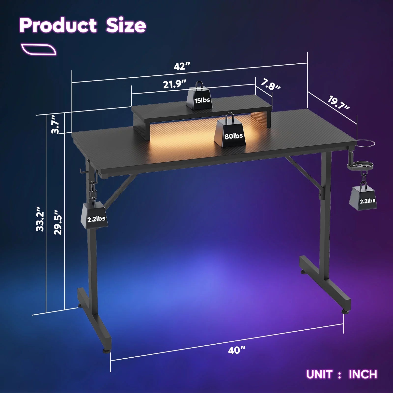 Gaming Desk with LED Lights and Monitor Stand V338893