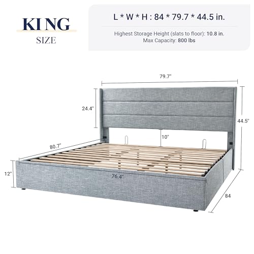 Full Size Lift Up Storage Bed with Wingback Headboard, Hydraulic Support, Light Beige P736605
