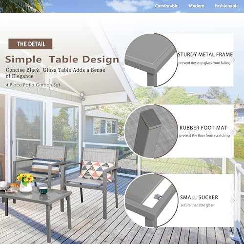Patio Furniture Set with Glass Coffee Table, 4 Pieces, Black Q940