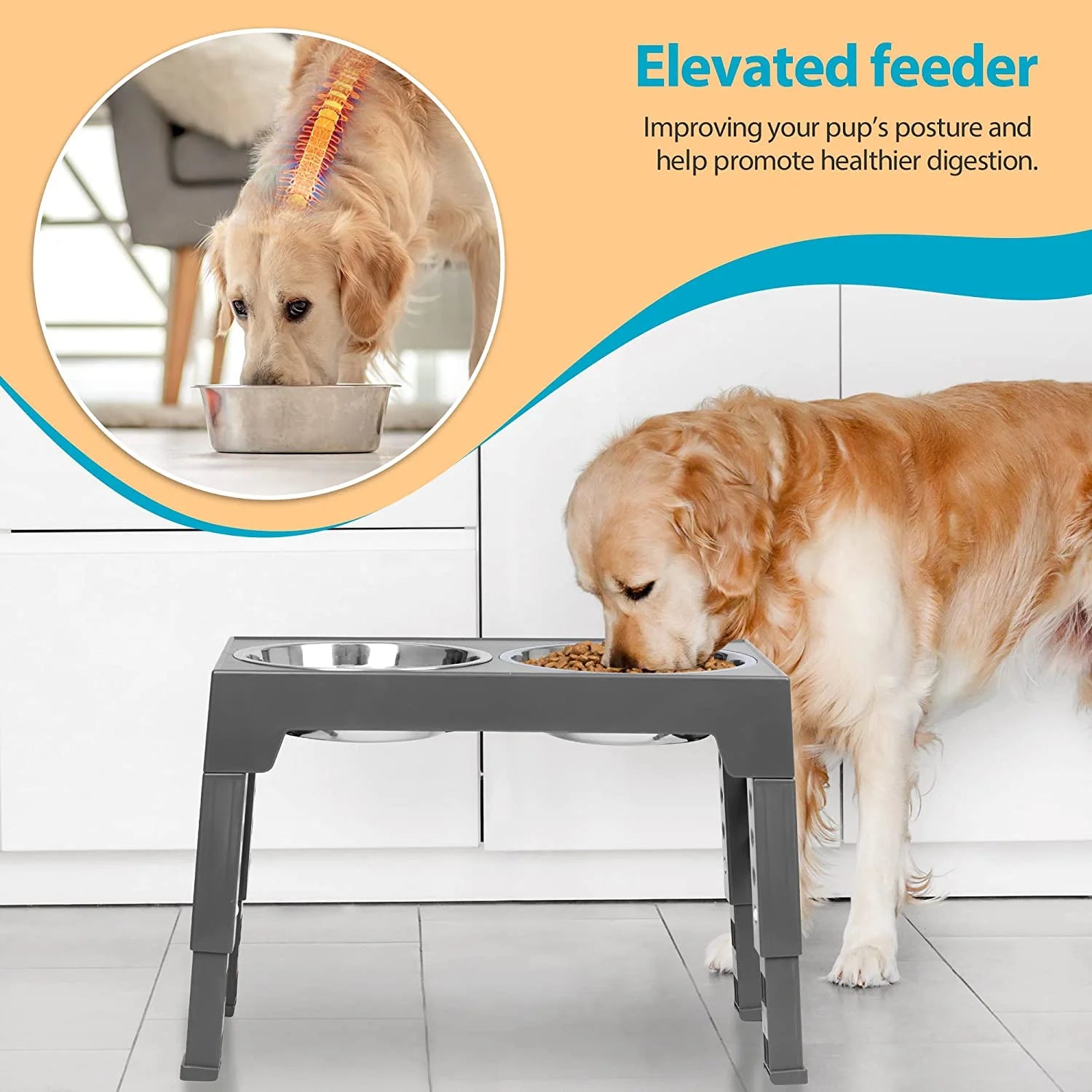 Elevated Dog Bowls Stand with 2 Stainless Steel Dishes, Adjustable Height for Medium and Large Dogs O53917