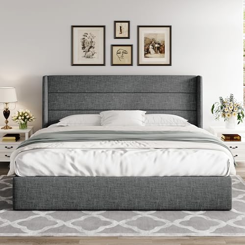 Full Size Lift Up Storage Bed with Wingback Headboard, Hydraulic Support, Light Beige P736605