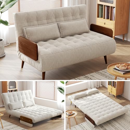 Convertible Chair Bed Sleeper for Adults, Linen with Wooden Arms & Pillows, Foldable Single Futon Sofa Bed Q683821