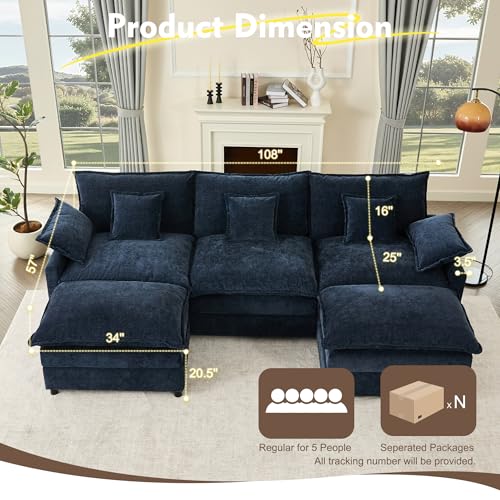 U Shaped Modular Sectional Sofa with Ottoman, Chenille, Black Z16537