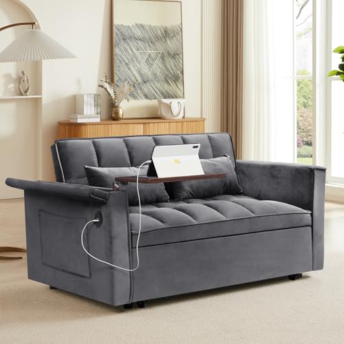 Convertible Sofa Bed, 3 in 1 Velvet Sleeper with Adjustable Backrest, Gray K13376