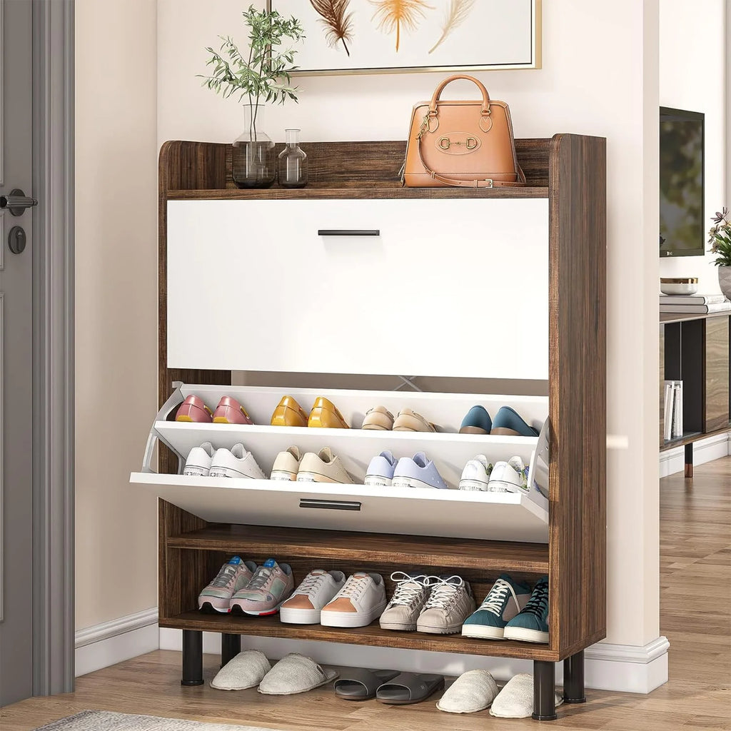 Shoe Cabinet, 2-Tier Entryway Shoe Organizer with Flip Doors and Open Shelves G295
