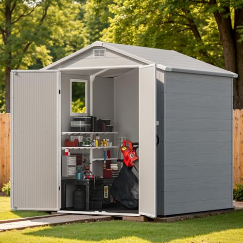 6 x 8 FT Plastic Outdoor Storage Shed with Floor and Lockable Door D7513