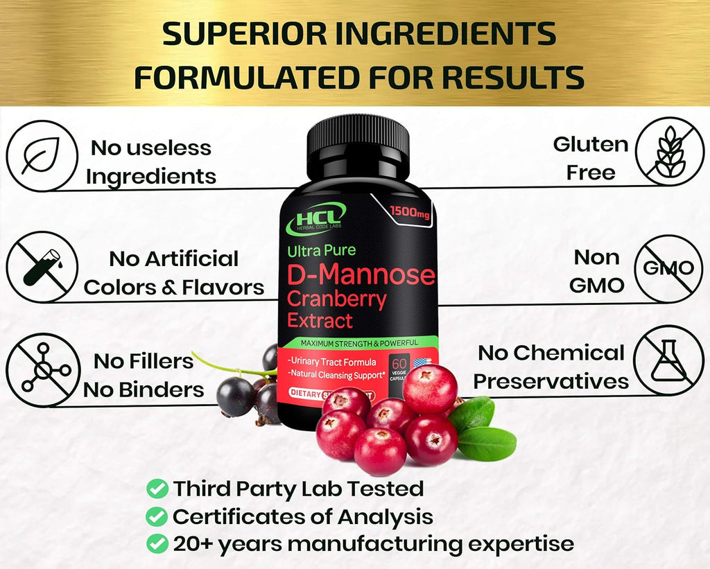 D-Mannose with Cranberry Extract Capsules 1500mg for Urinary Tract Health L7493