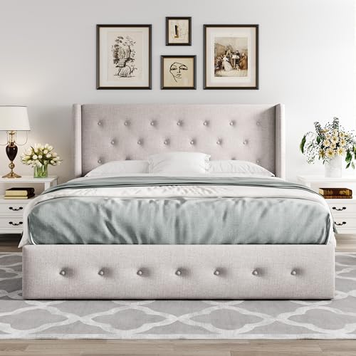 Full Size Lift Up Storage Bed with Wingback Headboard, Hydraulic Support, Light Beige P736605
