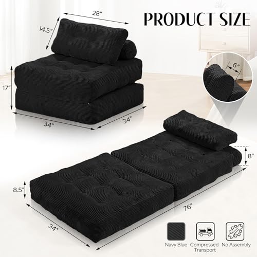 Folding Sofa Bed with Dual Pillow and Handle, Convertible Sleeper Chair, Black M821