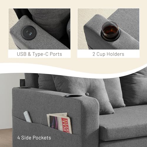 Convertible Sleeper Sofa Bed with Cup Holders, Grey H654808