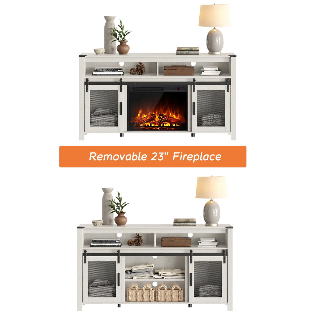 Farmhouse Fireplace TV Stand for 65+ Inch TV, Entertainment Center with Electric Fireplace & Barn Doors Q4240