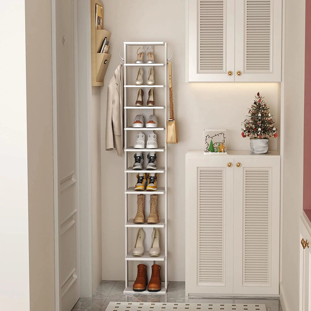 10-Tier Vertical Shoe Rack with Hanging Hooks, Slim Wooden Shoe Organizer K8858